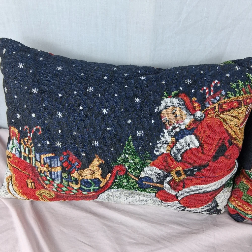 2 Tapestry Christmas Double Sided Reversible Throw Pillows Santa Ornaments Sofa